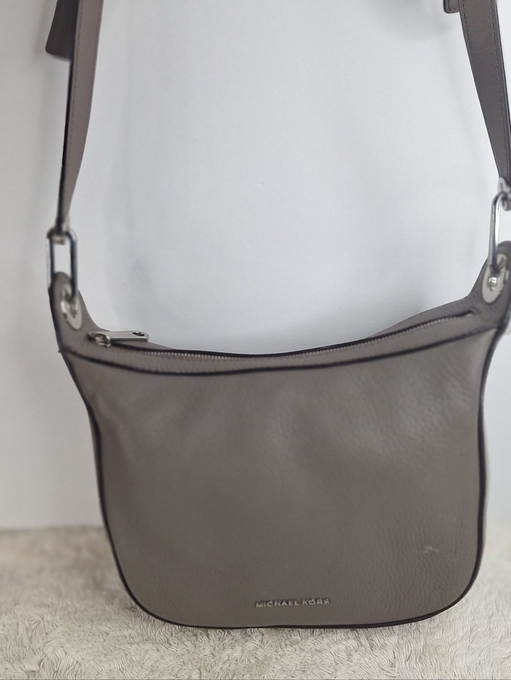 Michael Kors Light Gray Pebbled Leather Shoulder Bag with Silver Logo